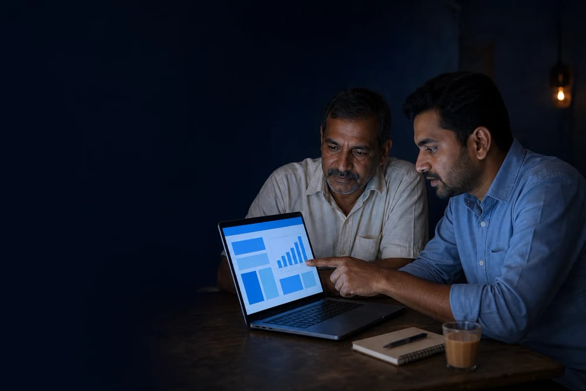 Two people reviewing a project plan across a table