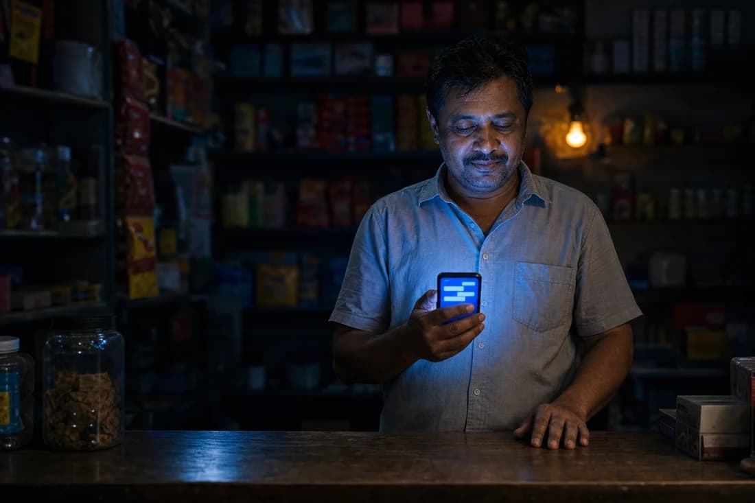 A shop owner behind his counter, reading an enquiry on his phone