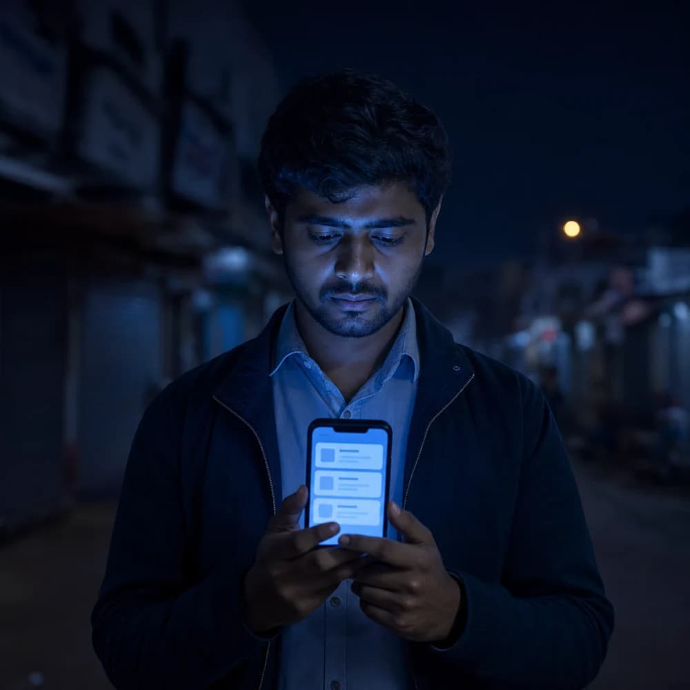 A customer on a market street at night, searching for a local shop on his phone