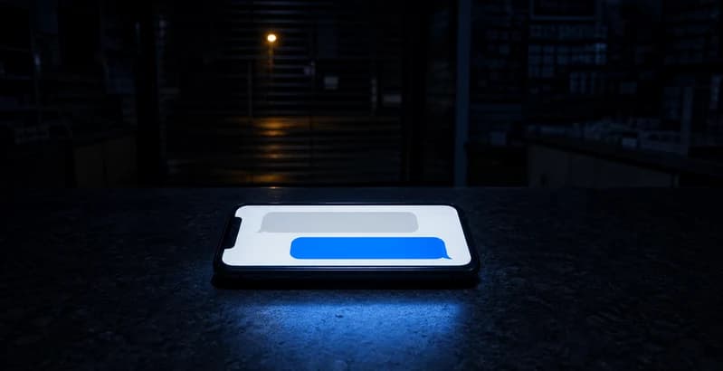 A phone lit up on the counter of a shuttered shop at night, showing an enquiry that has already been answered