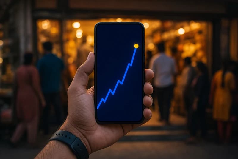 A phone held up in front of a busy shopfront, its screen showing a steadily rising line