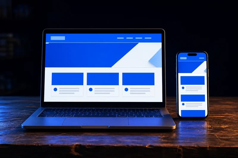 A laptop and a phone side by side on a shop counter, showing the same website laid out for each screen