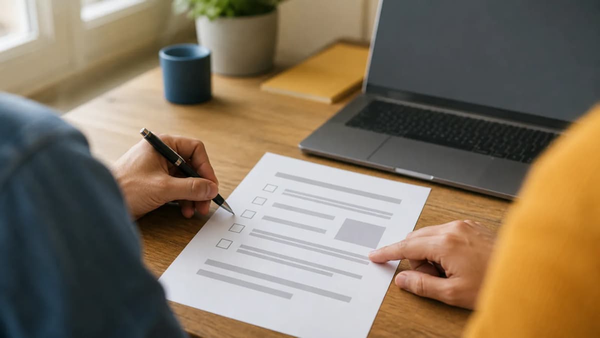 Two people at a desk reviewing a printed quote, one ticking items off with a pen