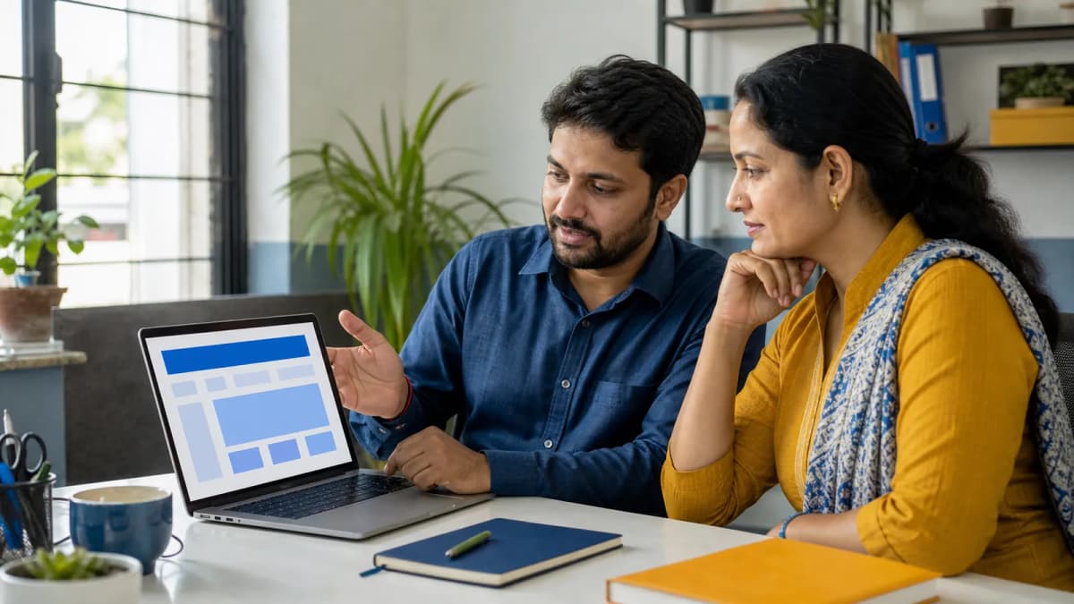 A web designer explaining a website layout on a laptop to a business owner in a bright office