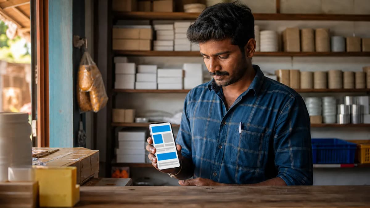 A shopkeeper checking a website on a phone behind the counter of a small retail shop